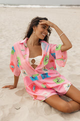 Kellie Romper - Pink Stamp Print