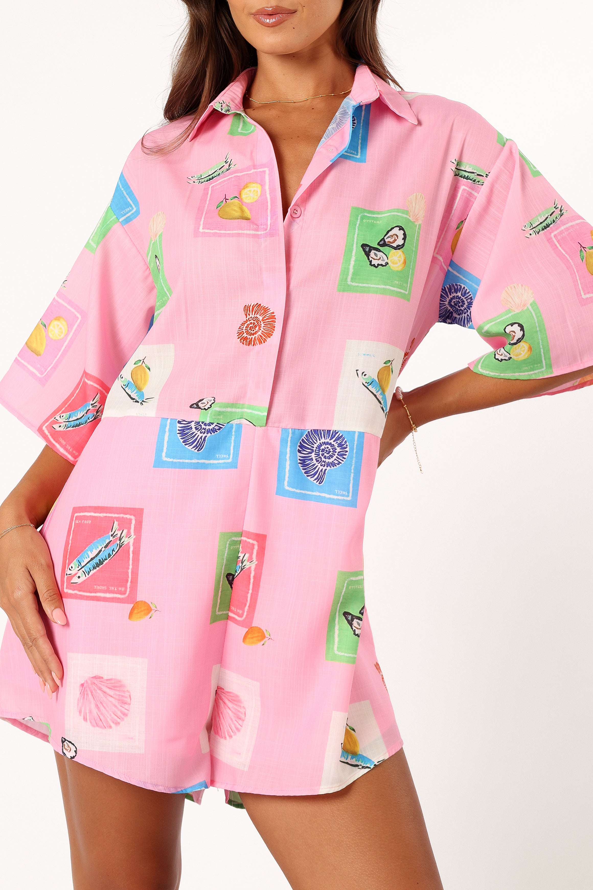 Kellie Romper - Pink Stamp Print