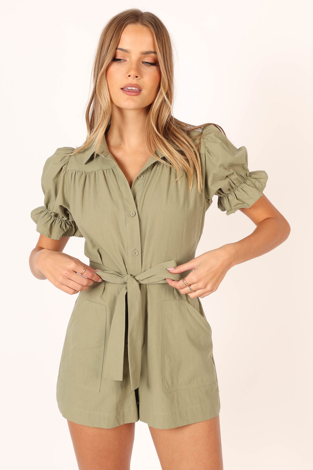Riley Waist Tie Romper - Olive