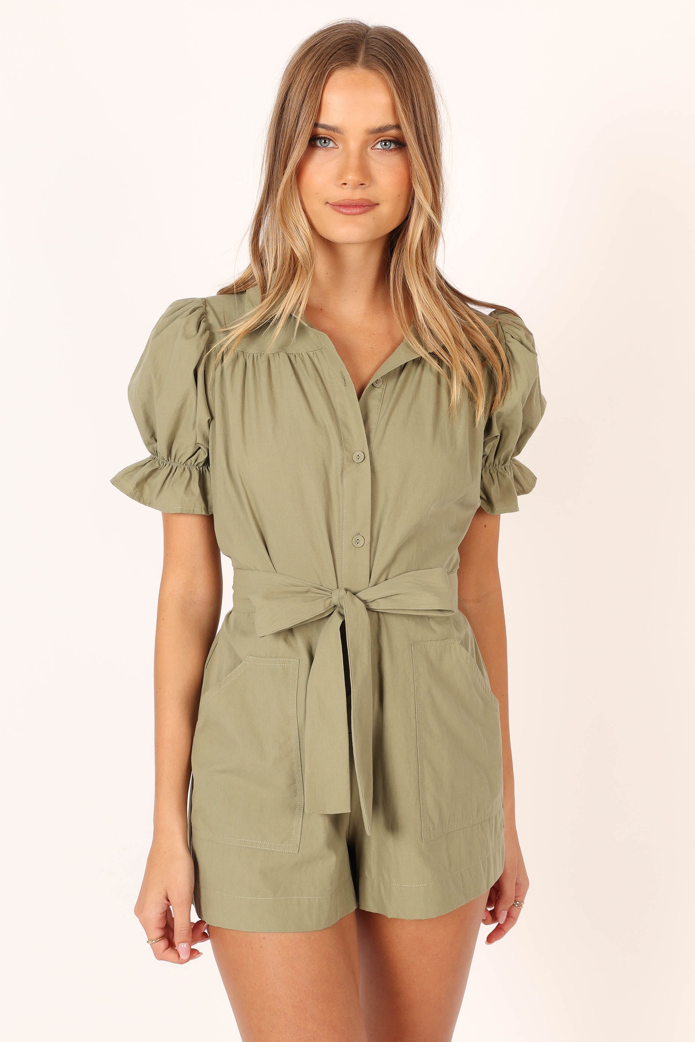 Riley Waist Tie Romper - Olive