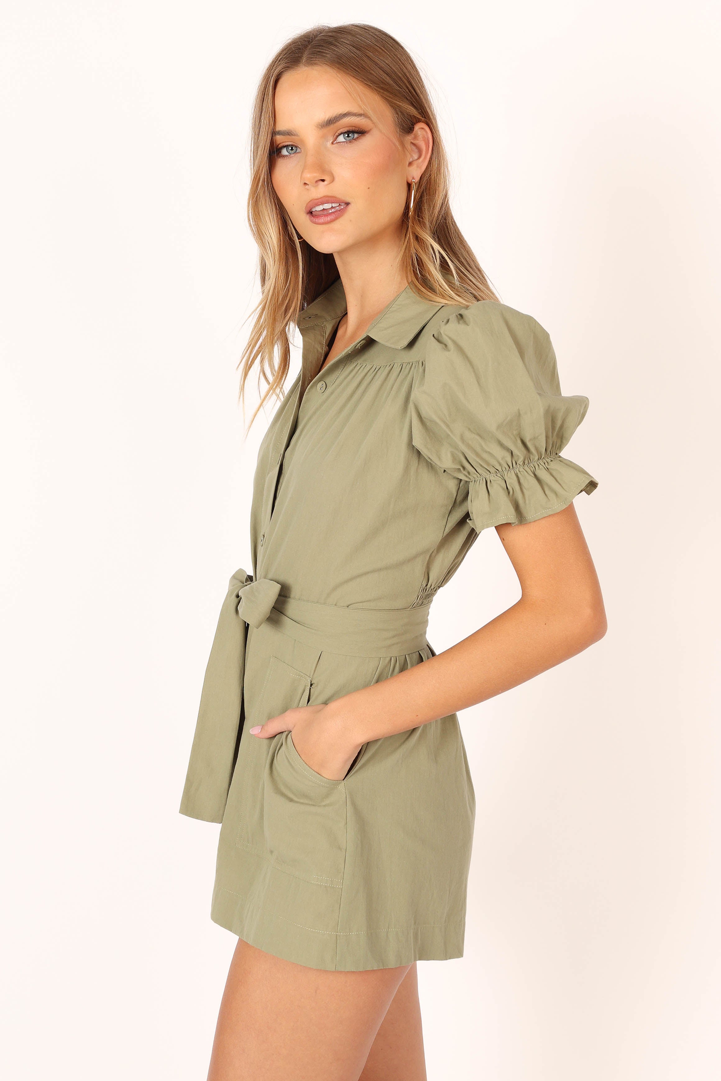 Riley Waist Tie Romper - Olive